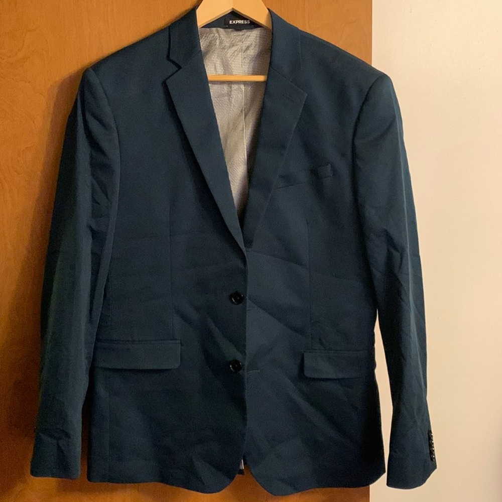 Express Slim Solid Teal Cotton Sateen Suit